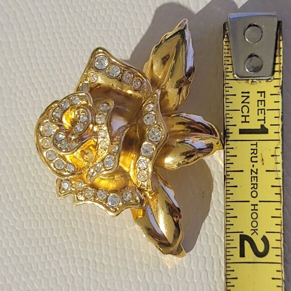 Vintage Avon Gold Rose Brooch Pin With Clear Rhinestones Flower Statement Piece - Picture 5 of 6